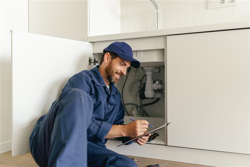 Residential plumber reviewing plumbing repairs in a North Fort Myers kitchen